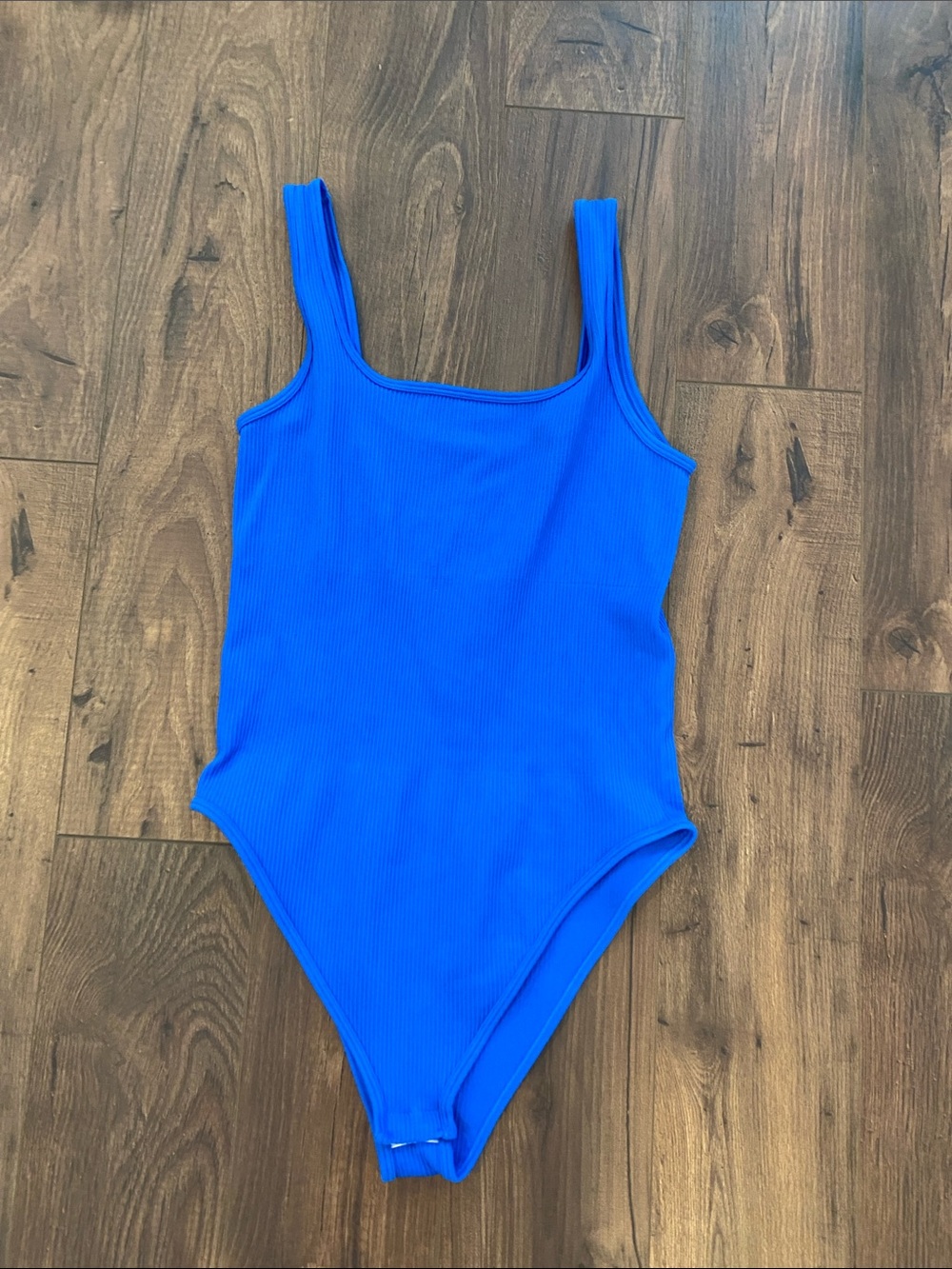 Slimming Ribbed Square Neck Women's Bodysuit in Cobalt Blue
